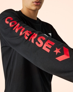 Converse Wordmark Long Sleeve Férfi Pólók Fekete | HSLUYCK-HU